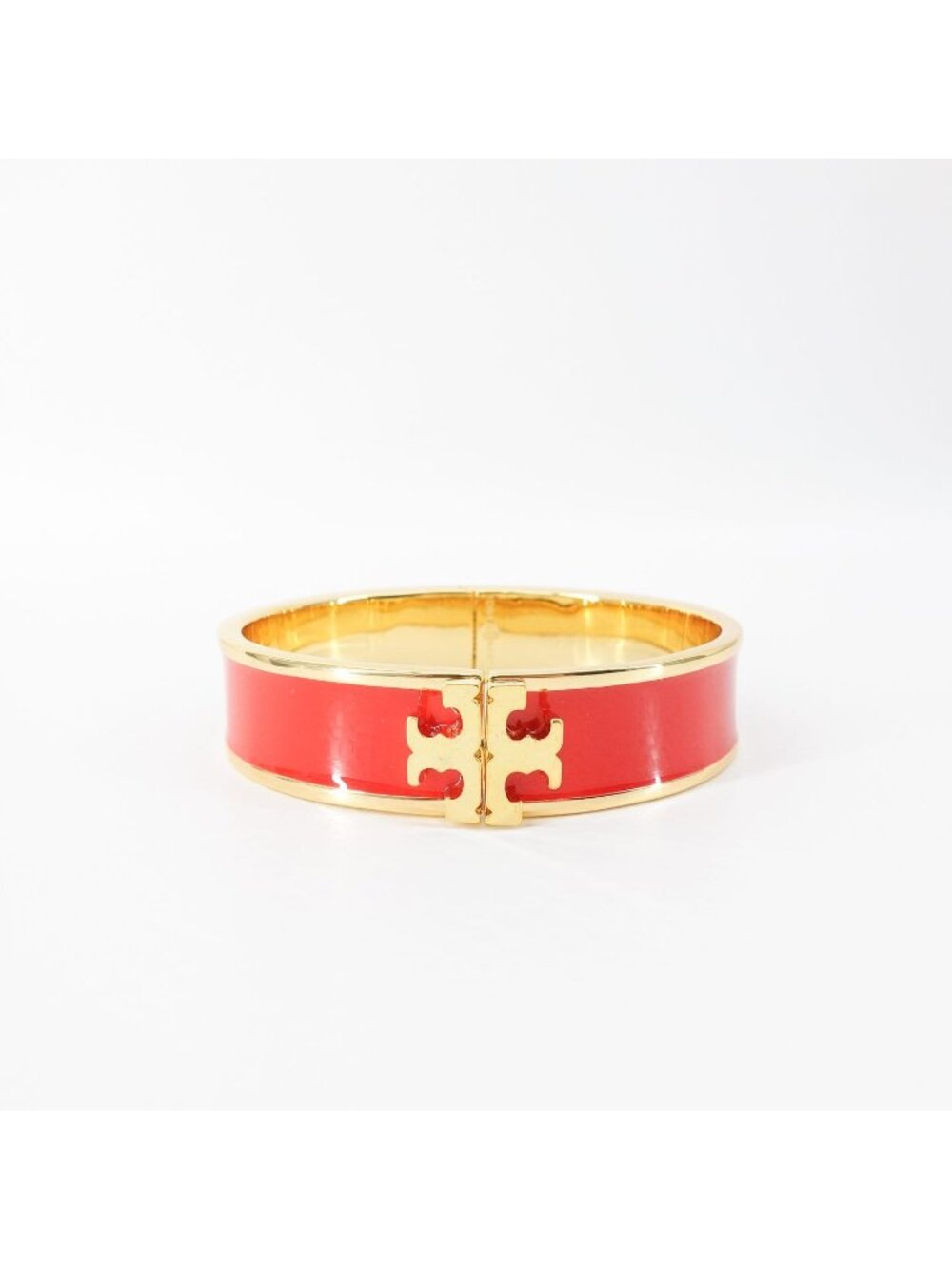 Tory Burch Enameled Kira Logo Hinged Bracelet Gold/ Red OS